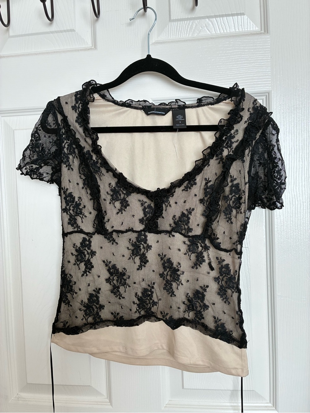 Sheer Lace Overlay Short Sleeve Top - Black on Nude
